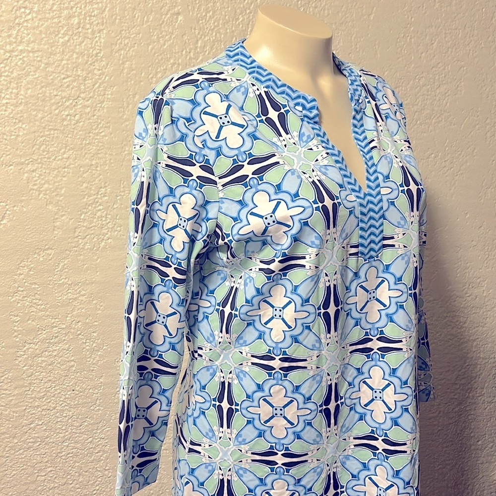J. Mclaughlin LARGE Catalina Cloth Blue Green Geometric Print 3/4 Sleeve Dress - Picture 5 of 12